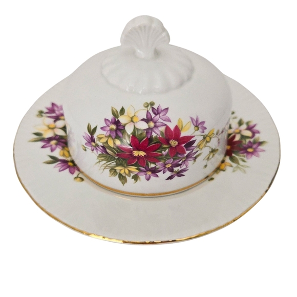 Paragon Bone China White Purple Flower Festival Floral Covered Butter Dish Plate - Picture 1 of 7